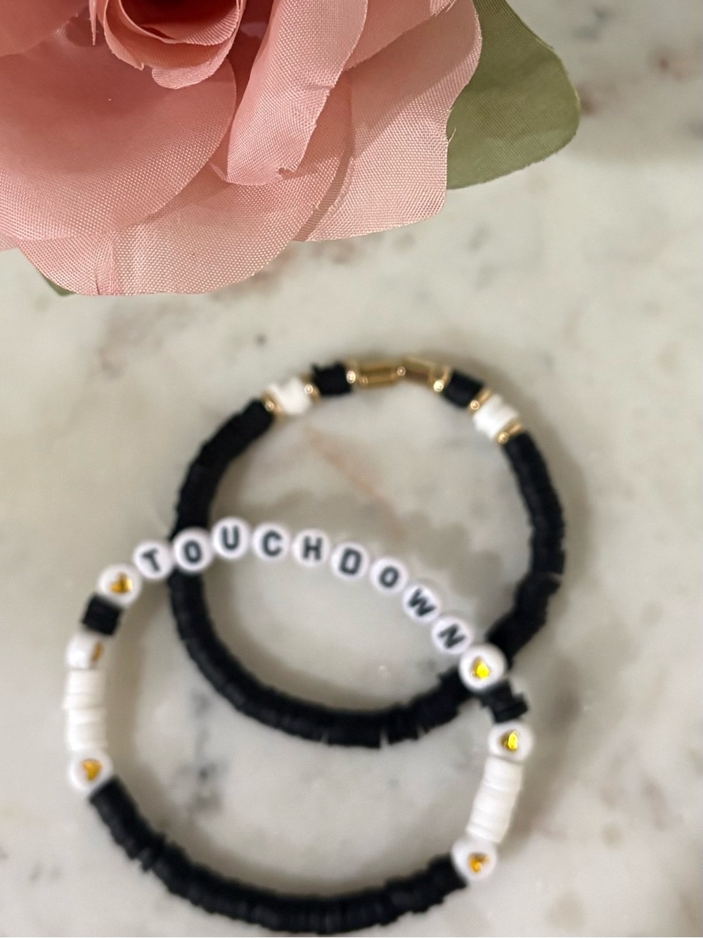 Black & White 'TOUCHDOWN' Beaded Bracelet Set